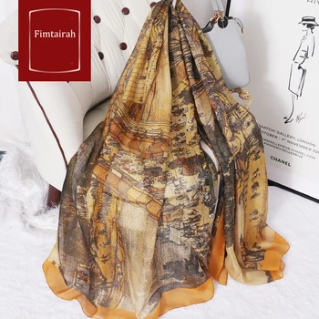 100% Шелковый Шарф для женщин Роскошный бренд Wrap Lady Shawl Женский Мягкий 190-110 Весна Лето Элегантный Шелковый Длинный шарф с художественным принтом