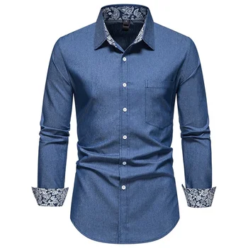 2022 Новая мужская повседневная рубашка, весенне-осенние джинсовые рубашки с длинными рукавами и принтом на подкладке