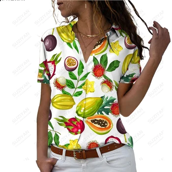 2023 Весенне-Осенняя Новая Женская Рубашка С Коротким Рукавом Hawaiian Fruit С 3D Принтом Поло На Пуговицах С Вырезом Горловины Персонализированный Топ С Коротким Рукавом