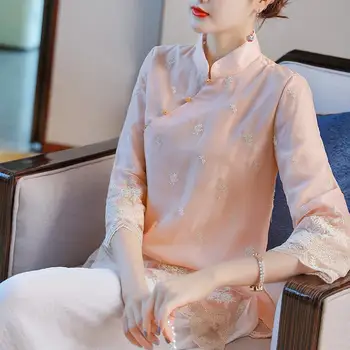 2023 весна, новый китайский стиль, чайное искусство, женские традиционные топы чонсам, винтажная одежда, фестивальные костюмы, шифоновая блузка ципао
