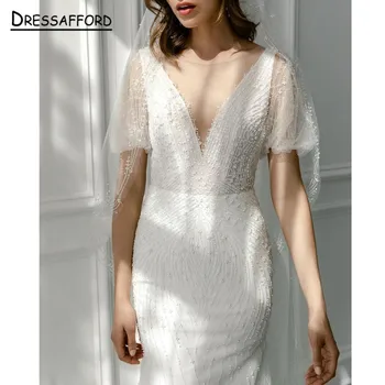 2023 Винтажное Свадебное платье трапециевидной формы с бисером, Роскошное Свадебное платье на бретельках с открытой спиной и шлейфом