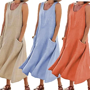 2023 Летнее женское хлопковое льняное свободное однотонное длинное платье без рукавов для повседневной уличной одежды
