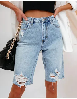 2023 Новые женские летние рваные джинсовые шорты, модные высокоэластичные узкие джинсовые шорты длиной до колен, S-2XL, прямая поставка