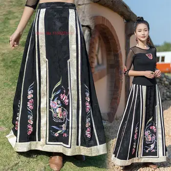 2023 традиционная китайская винтажная юбка, женская атласная юбка с национальной цветочной вышивкой, восточная атласная жаккардовая народная юбка трапециевидной формы