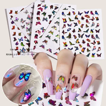 3D Задний клей Бабочка Лазерные наклейки для дизайна ногтей Клейкие Слайдеры Красочные Цветы Фольга для ногтей Обертывания Украшения