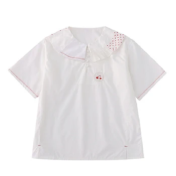 Bebobsons Оригинальный Нишевый дизайн, Женская Белая блузка с мультяшной вышивкой, Женская Милая рубашка, Топы с коротким рукавом, Новинка Лета