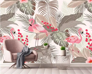 beibehang Пользовательские обои 3D фреска скандинавский минимализм маленький свежий фламинго тропические листья ТВ фон стены Papel de parede