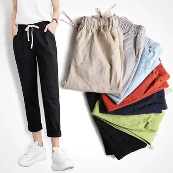 Cotton linen pocket haroun pants thin spring and summer fashion casual pants  брюки женские штаны pantalones de mujer