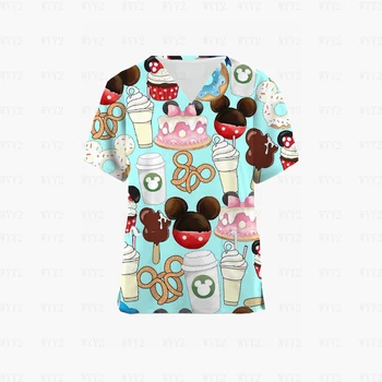 Disney Minnie Mouse Scrub Uniform Женская Рубашка С Коротким Рукавом И V-образным вырезом, Футболка С Карманным Принтом, Медицинская Форма, Комбинезон Парамедика