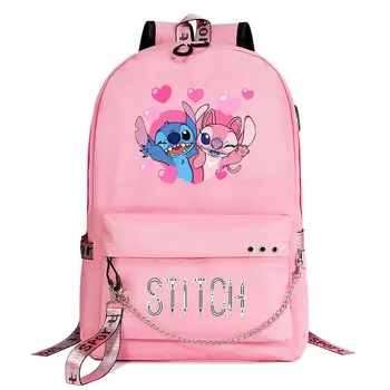 Disney Stitch Kawaii Для мальчиков и девочек, детские сумки для школьных книг, женский рюкзак с USB-цепочкой, холщовый рюкзак для мужчин, сумка для ноутбука, рюкзак для книг