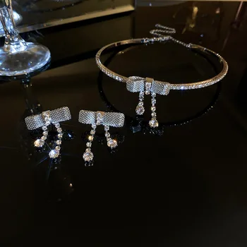 DREJEW Корейское ожерелье с бантом из горного хрусталя для женщин и девочек, Модное Изысканное Колье-чокер из Циркона, ювелирные Аксессуары