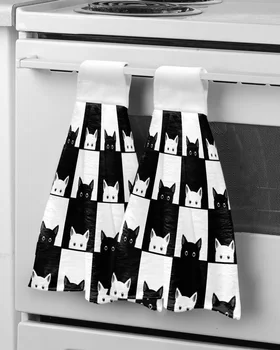 Geometic Black White Plaid Cat Пользовательское полотенце для рук Впитывающие Подвесные полотенца Домашняя Кухня Салфетки для мытья посуды Ванная Комната Салфетка для ванны