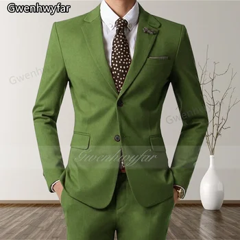 Gwenhwyfar Зеленый мужской свадебный приталенный смокинг для жениха из 2 предметов, шаль с лацканами, мужская модная одежда на заказ, куртка со штанами
