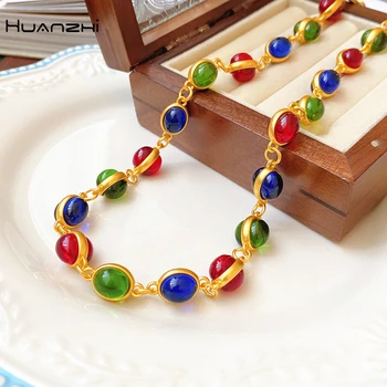 HUANZHI Винтажное Красочное Овальное ожерелье из бисера из смолы для женщин, модные вечерние Ретро Персонализированные ювелирные аксессуары, подарки 2023 года