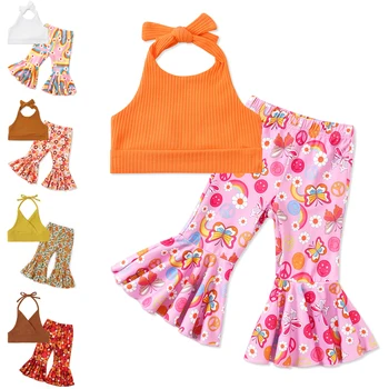 Jurebecia/ Одежда для маленьких девочек, модный топ на бретелях, штаны с подсолнухом, комплект одежды из 2 предметов, летняя осенняя одежда
