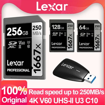 Lexar SD-карта 1667X Официальная Оригинальная 250 МБ/с. 64 ГБ 128 ГБ 256 ГБ Карта памяти SDXC UHS-II V60 U3 C10 Флэш-карты 4K для камеры