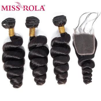 Miss Rola Hair Малазийская Свободная Волна, 3 Пучка С Закрытием, 100% Пучки Человеческих Волос С Закрытием Шнурком 4x4, Двойные Утки Remy