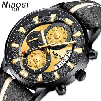 NIBOSI 2020 новые мужские часы, кварцевые часы топового люксового бренда, мужские водонепроницаемые спортивные наручные часы, модные черные часы, мужские кожаные