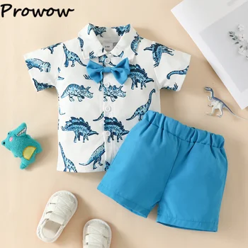 Prowow, одежда с динозавром для маленьких мальчиков длиной 3-24 м, рубашка с мультяшным галстуком и синими шортами, Комплекты летних рубашек для мальчиков, одежда для новорожденных