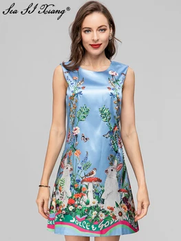 Seasixiang Модное дизайнерское весенне-летнее платье с цветочным принтом, женское платье с круглым вырезом, блестки, Хрустальные бриллианты, винтажные мини-платья на бретелях