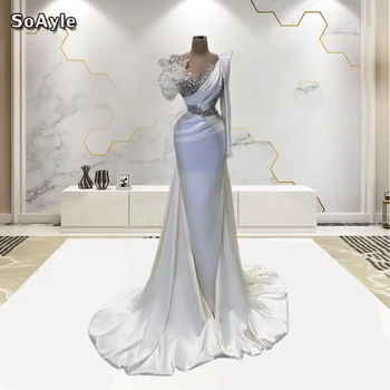 SoAyle Элегантные Вечерние платья с тюлевым жемчужным ожерельем с оборками Белое Съемное Свадебное платье на одно плечо