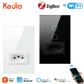 Tuya Zigbee WiFi Smart Switch Розетка 16 /20A, Бразилия, Стеклянная панель 4X2, 1/2 Кнопки, Умный Выключатель Света, Умный Дом Alexa Google Home