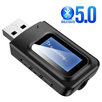 USB-ключ Bluetooth 5.0 Аудиоприемник-передатчик с ЖК-дисплеем 2В1 Mini 3,5 мм Разъем AUX USB Беспроводной адаптер для телевизора, автомобильного ПК