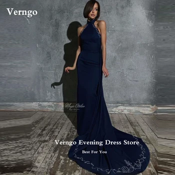 Verngo Темно-синие вечерние платья Русалки из эластичного атласа с вышивкой и высоким воротом, длинные платья для выпускного вечера в Дубае, арабские женские вечерние платья для вечеринок