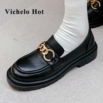 Vichelo/ лидер продаж, спилок, круглый носок, средний каблук, металлические украшения, уличная мода, повседневная одежда для юных леди, уютные женские туфли-лодочки L33
