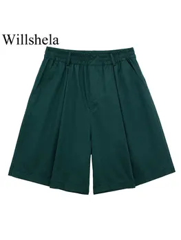 Willshela, женские Модные Зеленые Плиссированные шорты, винтажные женские мини-шорты с высокой эластичной талией
