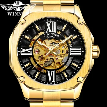 WINNER Автоматические механические мужские наручные часы в стиле милитари, спортивные мужские часы, лучший бренд, роскошный Золотой скелет, модные мужские часы 8184