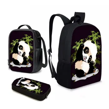 YIKELUO, милый 3D дизайн с изображением панды из мультфильма, Подарок для детей в школу, 3 шт., игровой рюкзак с бамбуковой печатью, Черный рюкзак