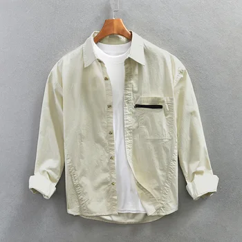 Z217 Весенняя модная мужская однотонная повседневная свободная рубашка с длинным рукавом, подростковая блузка Карго в японском винтажном стиле, мужские базовые повседневные топы