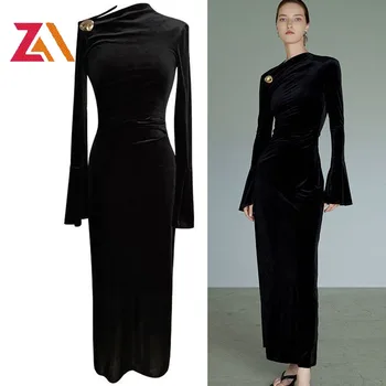 ZALady-Женское ретро бархатное облегающее платье с длинным рукавом, Черные платья Макси, Винтажное вечернее платье, Сексуальная мода, Осенние платья