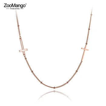 ZooMango Религиозное Ожерелье-чокер с двойным крестом из титана и нержавеющей стали для женщин, Подвеска-цепочка из розового золота ZN19173