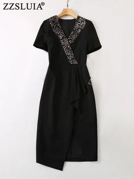 ZZSLUIA Элегантные платья для женщин с водорастворимой вышивкой, дизайнерское тонкое платье миди, модные платья с коротким рукавом нерегулярной формы, ткань
