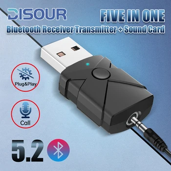 Аудиоадаптер DISOUR USB Bluetooth 5.2, Беспроводной приемник-передатчик, звуковая карта 3,5 мм, музыкальный ключ Aux для телевизора, автомобильной колонки, ПК