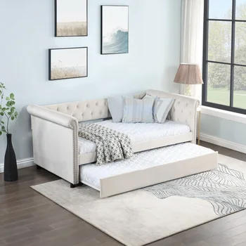 Бежевая кушетка с мягким ворсистым диваном-кроватью, с красивым круглым дизайном подлокотников, двойной размер, для мебели в гостиную