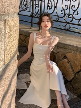 Белые вечерние платья Миди Макси для женщин, Офисная леди, сексуальное облегающее платье без рукавов на бретелях, Пляжное Корейское летнее платье