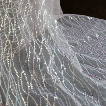 Белые волнистые линии, Разноцветная Рыбья чешуя, Мелкие блестки, сетчатая ткань для выпускных платьев, расшитая бисером Кружевная ткань, Роскошная ткань для штор