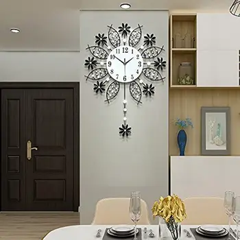 Большие Настенные Часы Для гостиной с 22-дюймовым Стеклянным Маятником, Бесшумные Современные Подвесные Часы в форме цветка, Украшенные кристаллами, Кухня Bedrom Home Decor