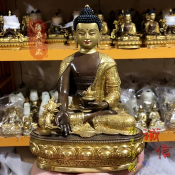 Большой 21 см Высококачественный позолоченный латунный Будда, ВЕРХНЯЯ ЧАСТЬ ДОМА, эффективная защита семьи, Тибетский непальский фармацевт, Татхагата Будда