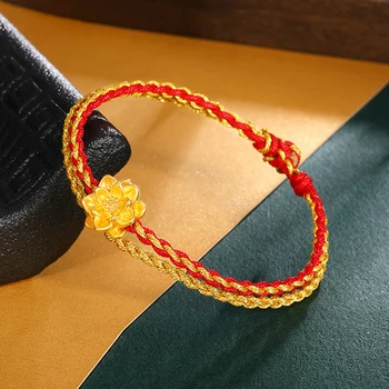 Браслет из чистого желтого золота 24 карат, 3D браслет из твердого золота с красной нитью Лотоса, вязаный 16-19 см