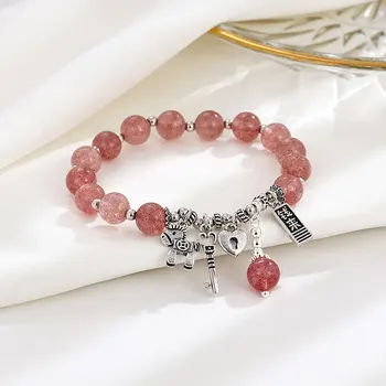 Браслеты из натуральных хрустальных бусин, креативный китайский стиль, серебро 925 пробы, изысканный маленький браслет с подвеской для женщин, романтические розовые украшения.