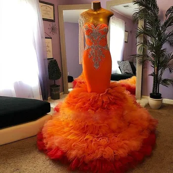 Великолепное вечернее платье на одно плечо для вечеринки с длинными рукавами, Иллюзия Многослойных Оранжевых кристаллов, платье для выпускного вечера в стиле Русалки, Ослепительные бусины