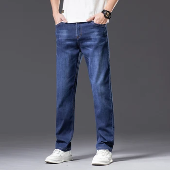 Весенне-летние мужские тонкие свободные джинсы с прямыми штанинами, классический стиль, расширенные эластичные мешковатые брюки, мужские большие размеры 40, 42, 44, джинсовые