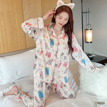 Весенняя пижама Ice Silk, Женский весенний шелковый костюм с длинными рукавами, который можно носить с домашней одеждой высокого качества