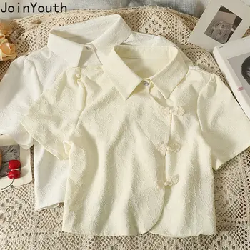 Винтажная Женская рубашка в китайском стиле, Летние Шикарные блузки 2023, укороченные топы Blusas De Mujer, Однобортная блузка-туника с коротким рукавом