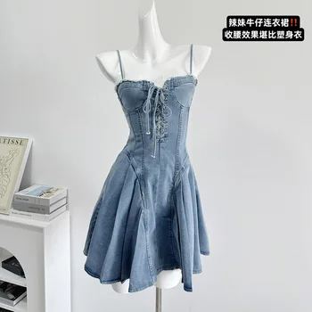Винтажное сексуальное бандажное джинсовое платье-комбинация для горячих девушек, женское летнее тонкое короткое мини-платье с высокой талией