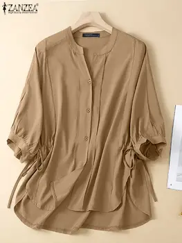 Винтажные женские плиссированные футболки, повседневная блузка оверсайз с коротким рукавом, ZANZEA 2023, модные летние однотонные женские блузки, женские блузки